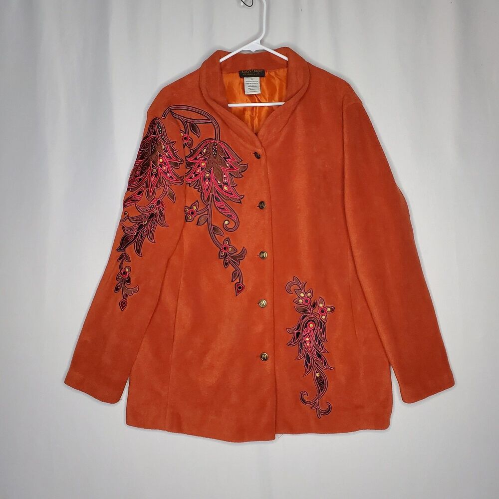Bob Mackie Wearable Art Jacket XL Embroidered Fleece Button Orange Pocket Lined‎